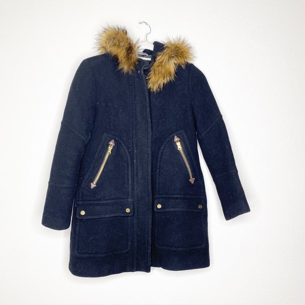 J. Crew Italian Wool Furry Hood Parka Coat black size 2